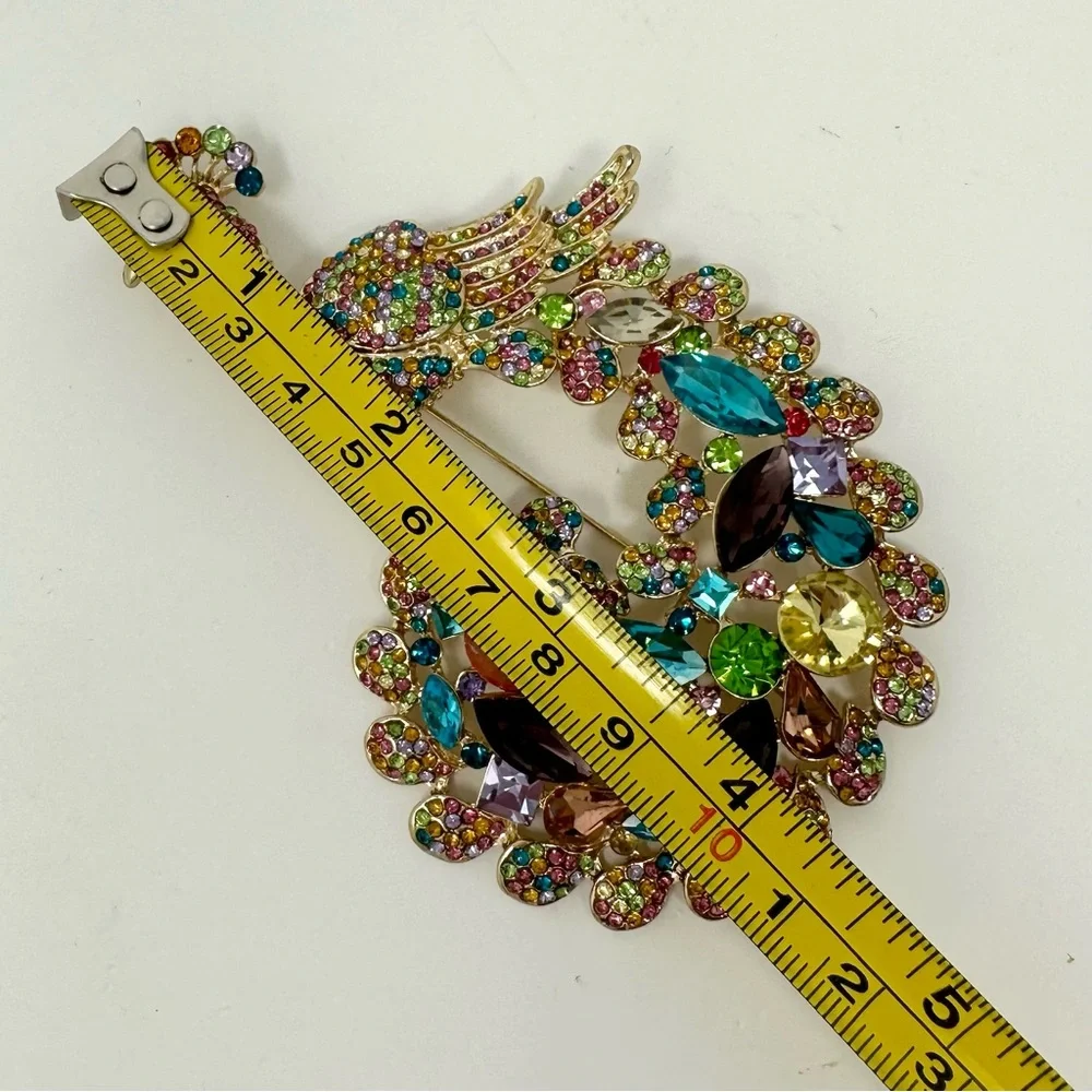 HUGE Signed Peacock Multicolor Rhinestone Gold Tone Brooch Pin